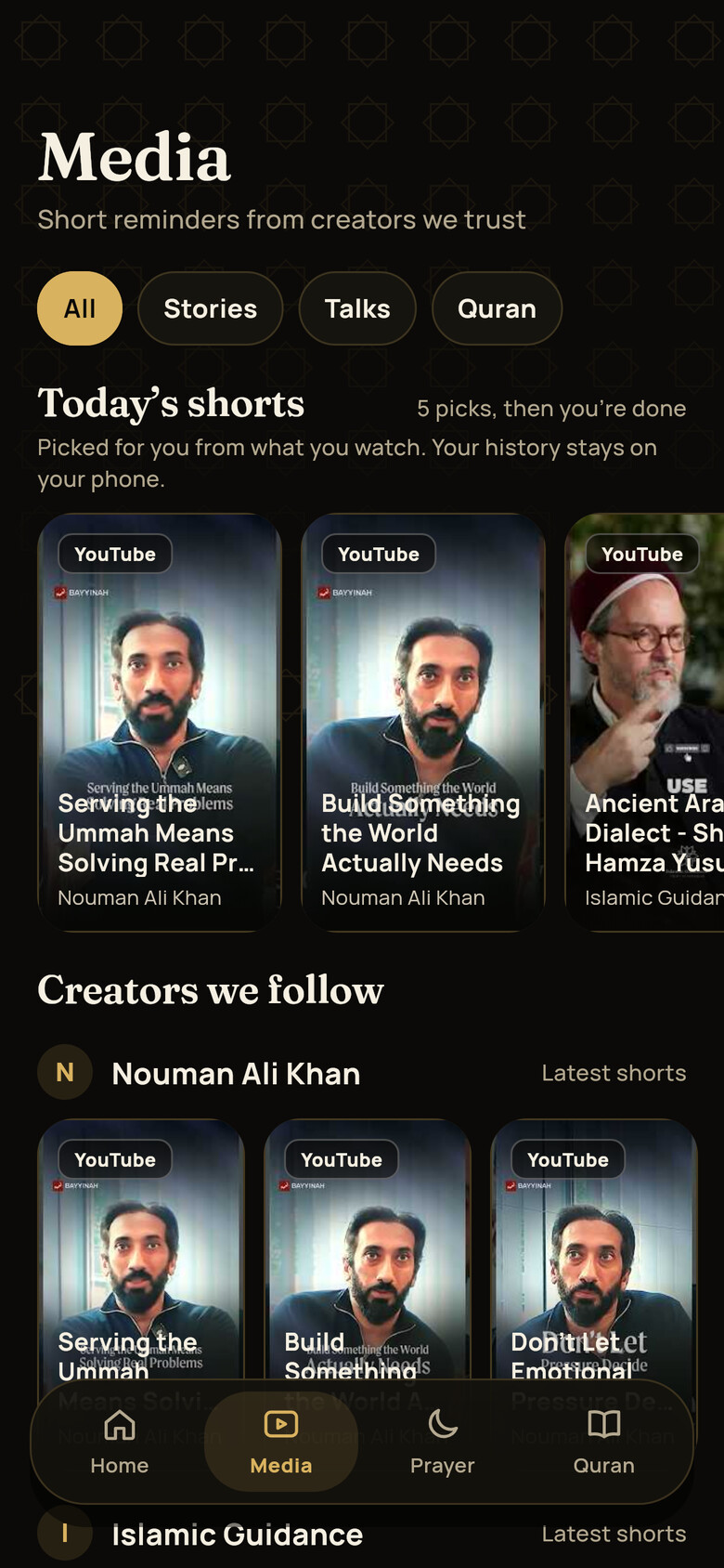 Media tab with today's five shorts from Nouman Ali Khan, Mufti Menk and OnePath Network.