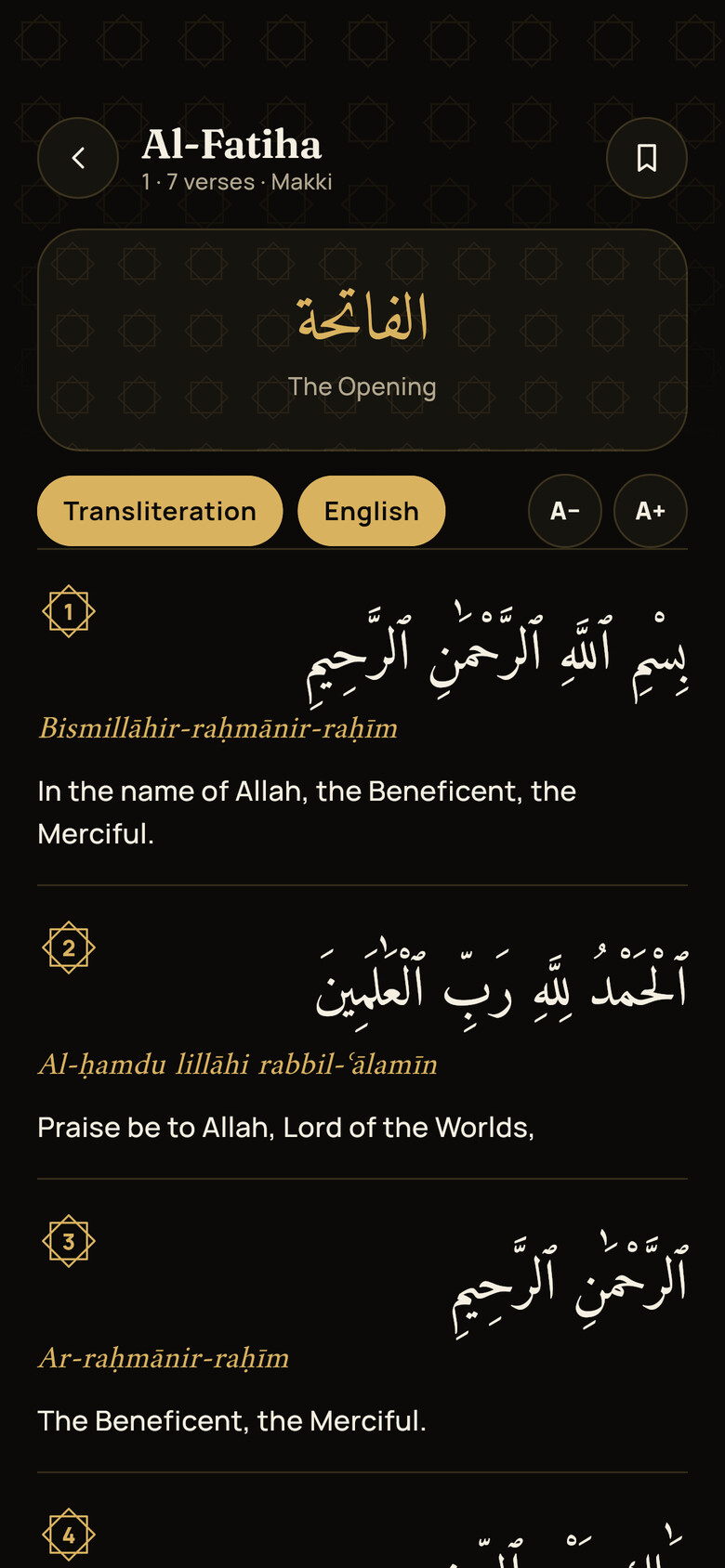 Quran reader showing Al-Fatiha in Arabic with transliteration and English.